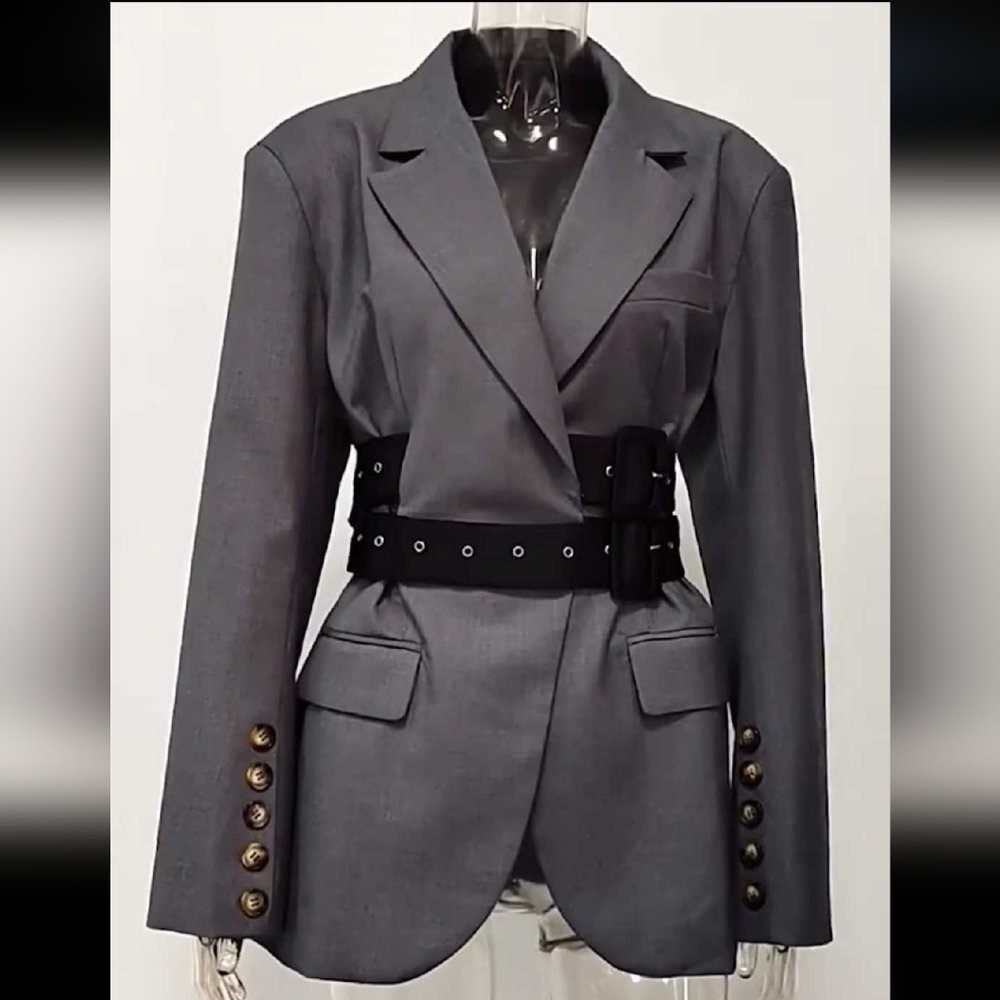 Elegant Gray Women's Blazer with Belt